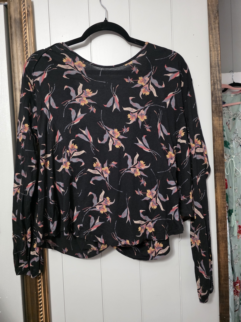 Free People Black Floral Long-Sleeve Top